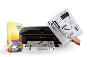 A printer display with toner, paper, and a guide
